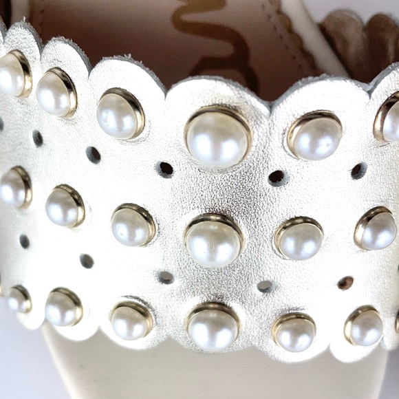 SAM EDELMAN | 👡Cream Leather Pearls Beaded Block Heel Shoes - Picture 10 of 10